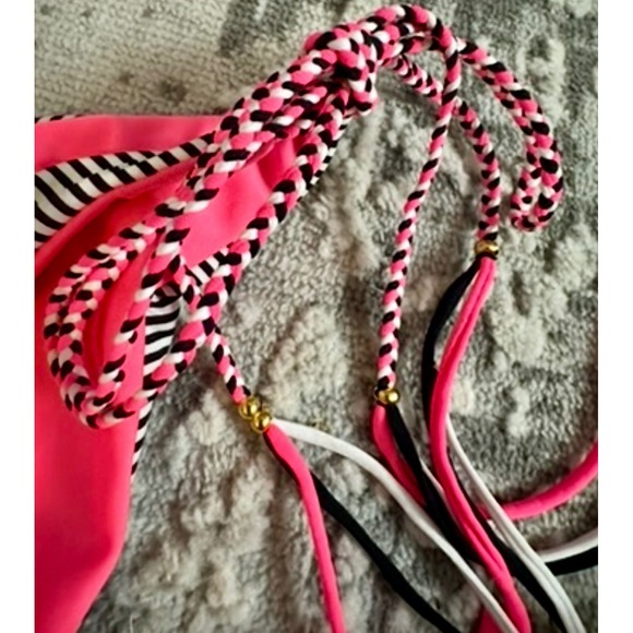 Beach Bunny Too Close Bikini‎ Bottoms XL Pink Black White Striped Tie Sides - Picture 3 of 6
